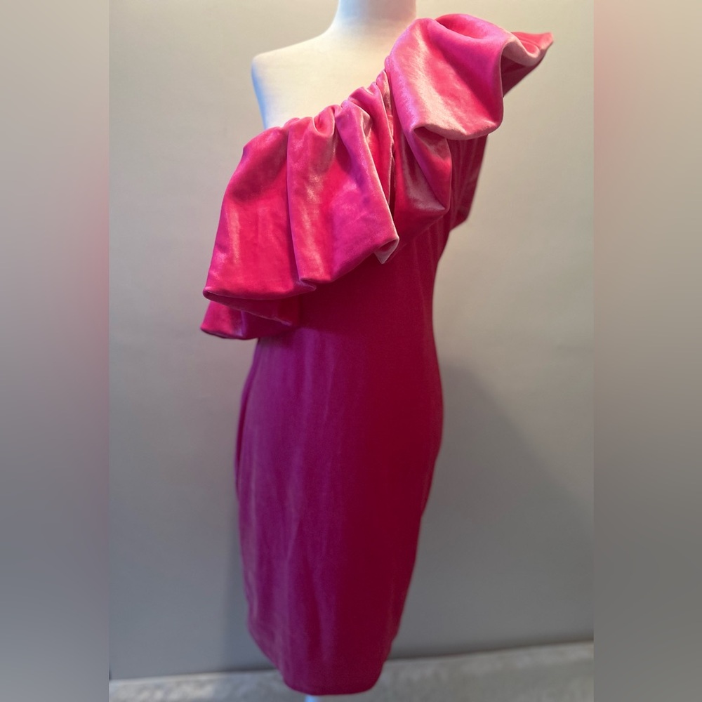 NWT Paula Echevarría statement Pink Velvet Frill Detail Mini Dress size M